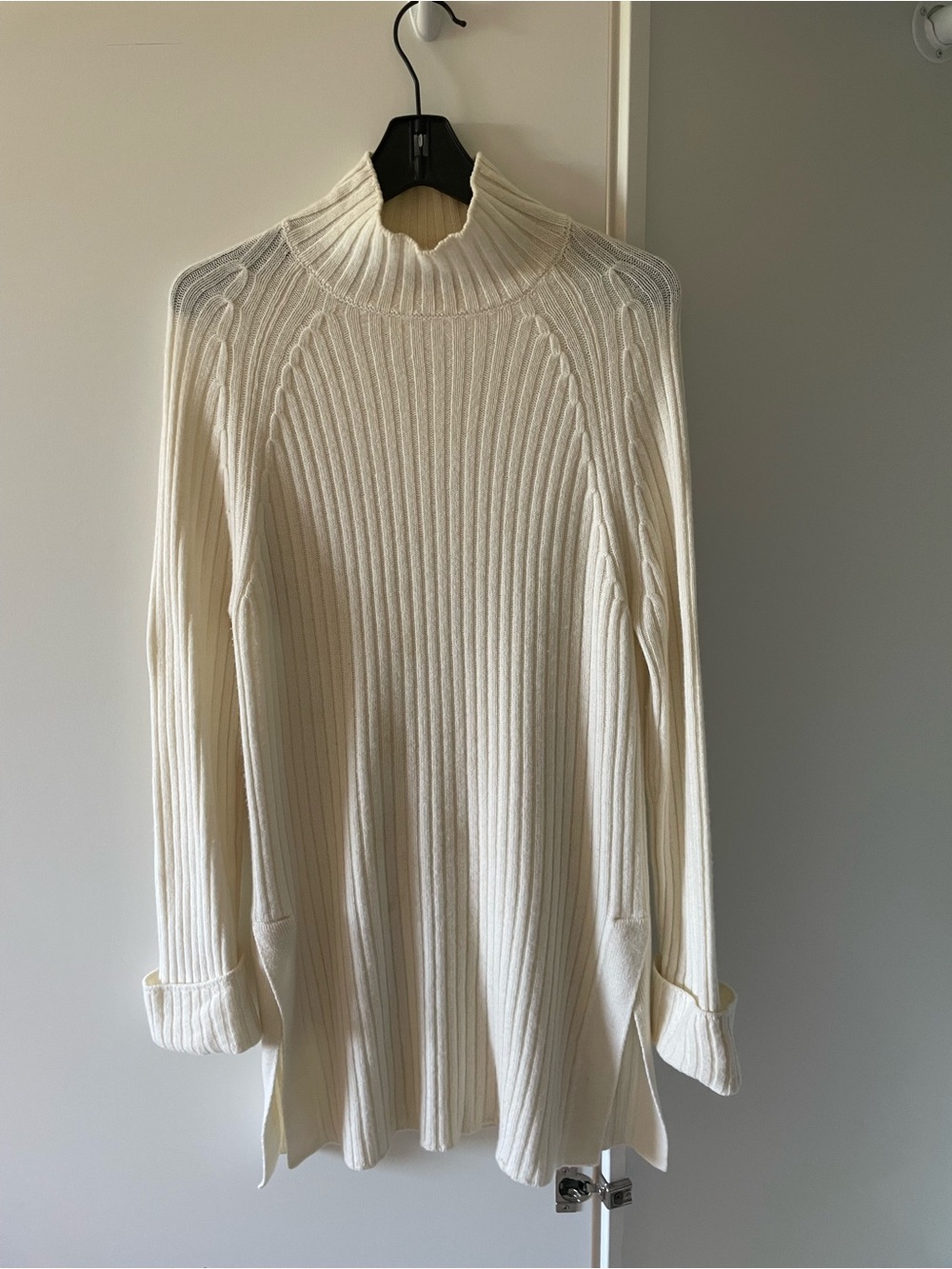 Saks Fifth Avenue Cream Ribbed Funnel Neck Tunic Sweater